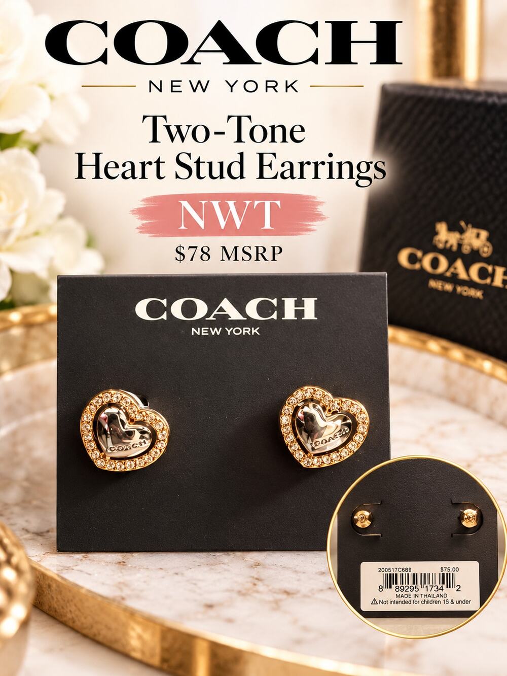 Coach $78 Two-Tone Heart Stud Earrings NWT